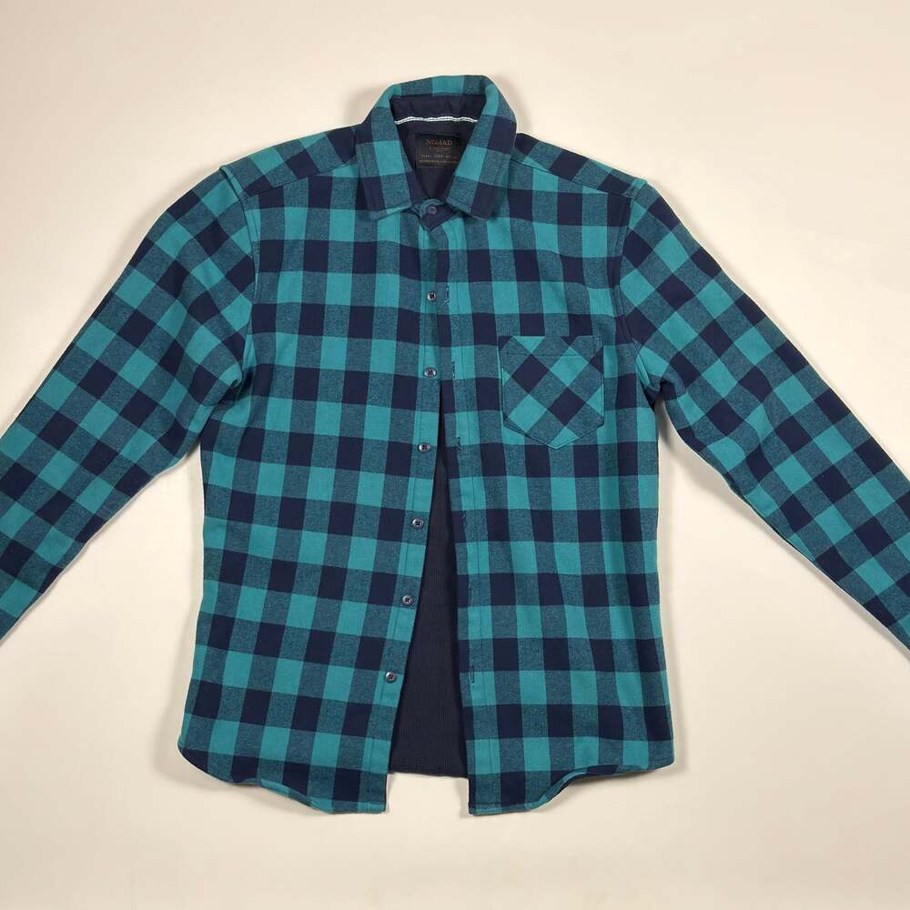 Nomad by Craft + Flow Teal and Navy Buffalo Plaid Long-Sleeve Flannel Shirt S